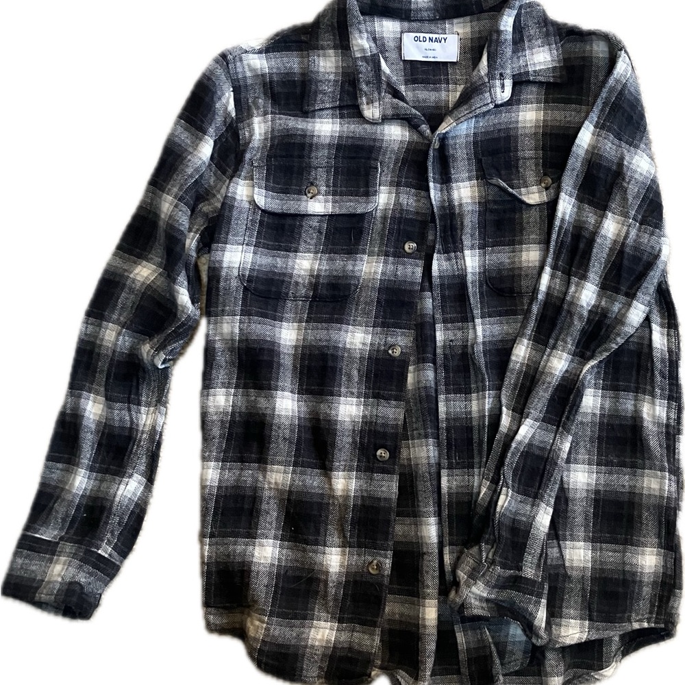 Old Navy Boys Black and White Plaid Flannel Shirt Size XL 14-16